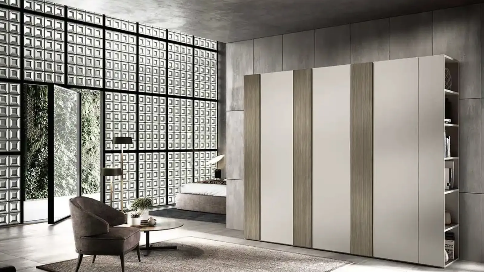 Armadio con ante battenti Bora B365 laccato opaco perla con inserti in nobilitato di Moretti Compact Giorno Notte