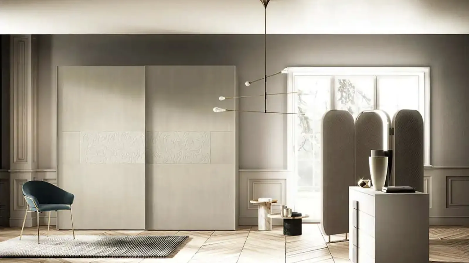 Armadio con ante scorrevoli in frassino cenere con inserto in malta con decoro rose Scirocco S173 di Moretti Compact Giorno Notte