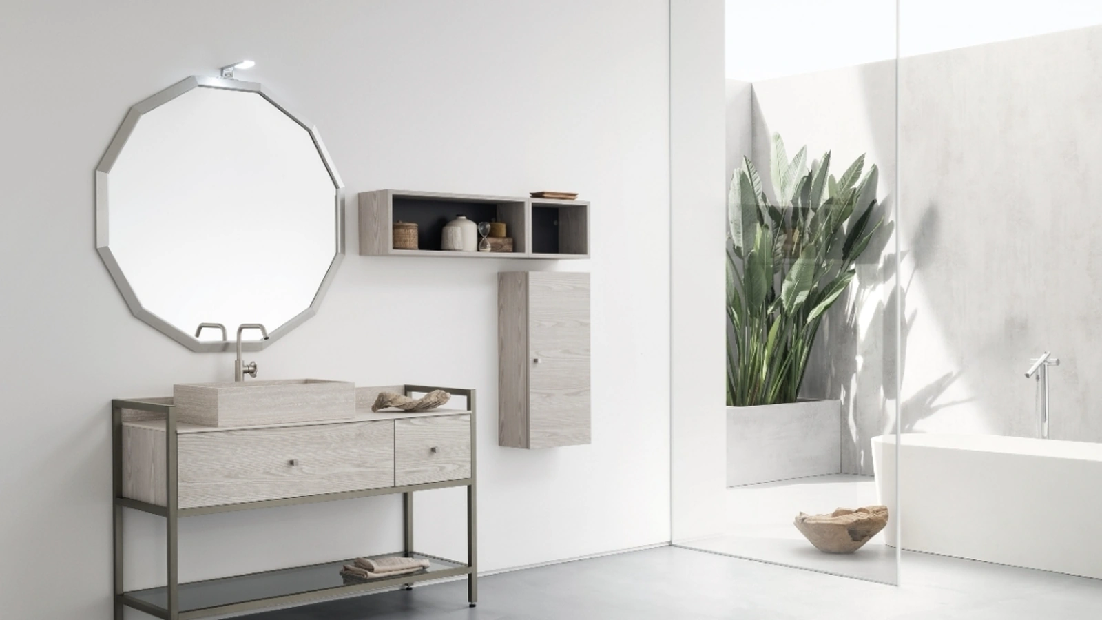 Mobile Bagno da appoggio in nobilitato effetto legno con piano e lavabo in HPL B201 BD022 di Compab