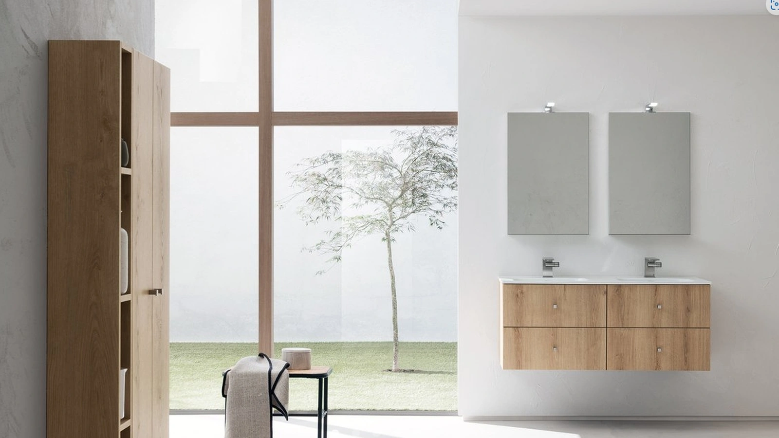 Mobile da Bagno sospeso in nobilitato effetto legno con doppia vasca in ceramica B201 BD024 di Compab