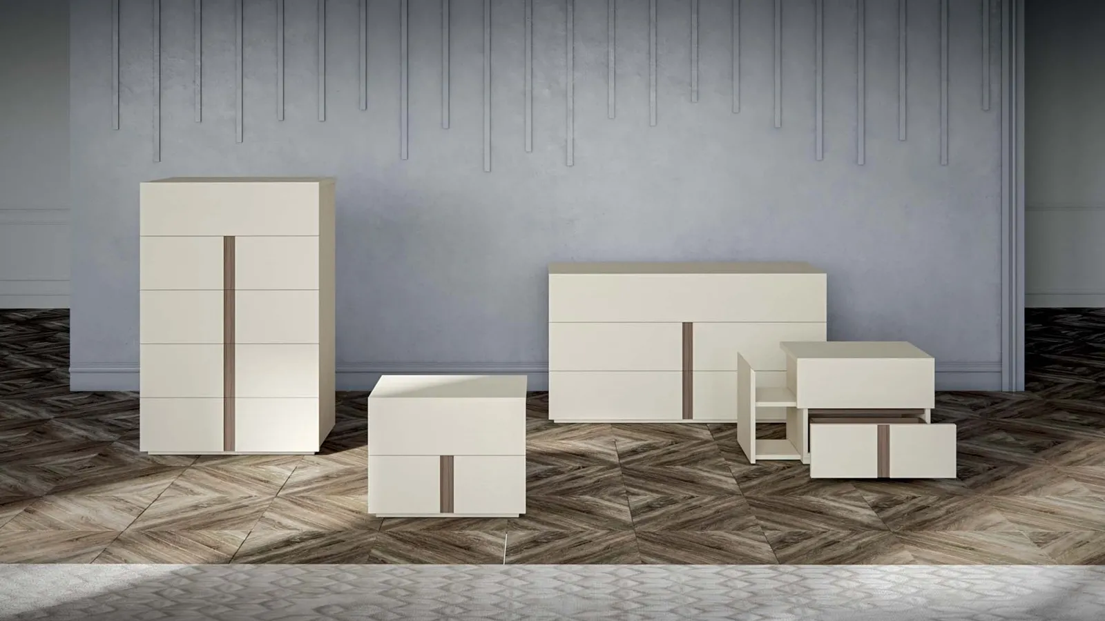 Gruppo Notte Square in laccato opaco con inserto in legno di Veneran