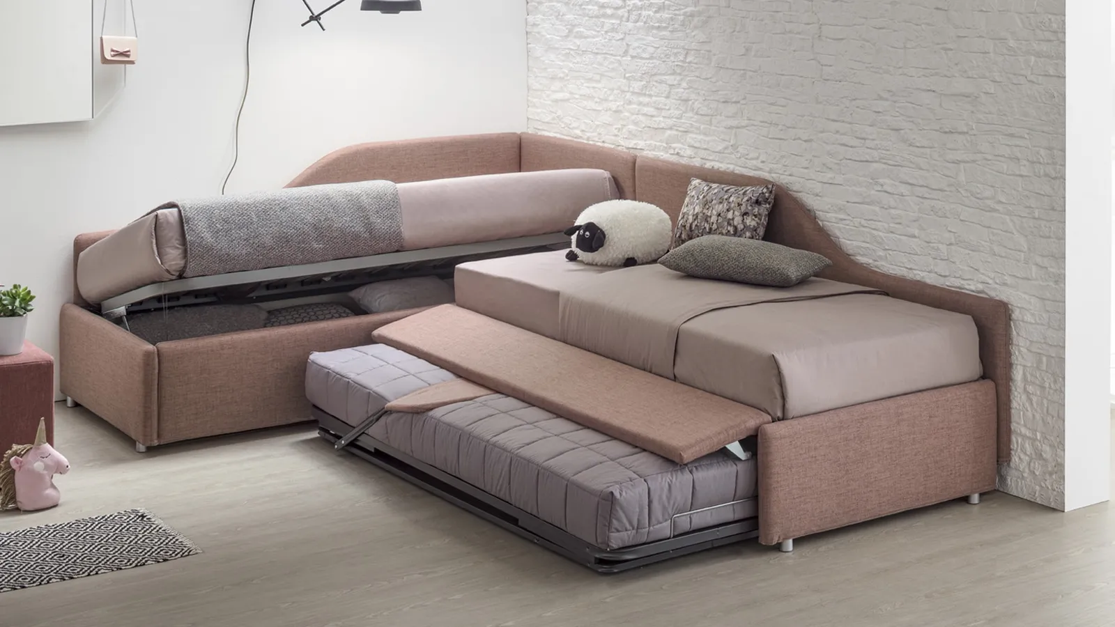 Daybed Singolo in tessuto con secondo letto estraibile o contenitore Joy Estraibile di V&Nice