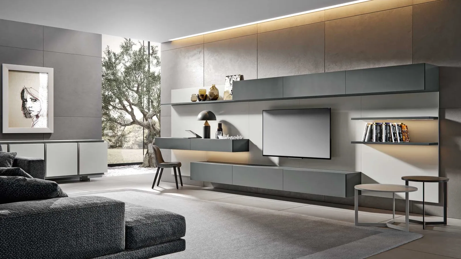 Parete Attrezzata Modulo 10 in laccato Fumo e Cenere Opaco di Veneran