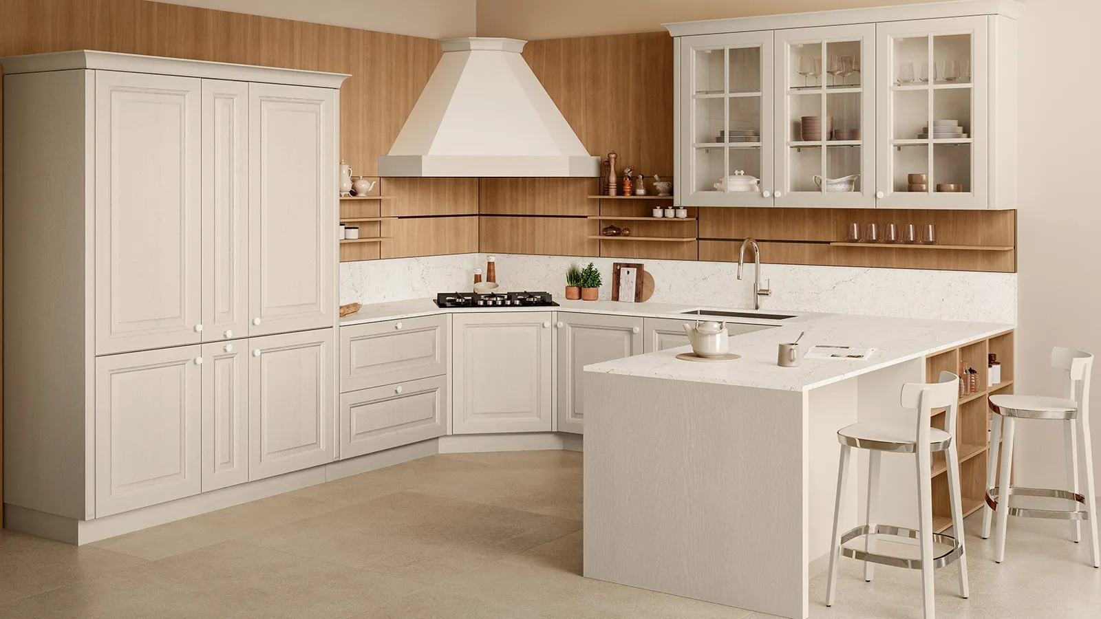 Cucina Classica con penisola Pavese 01 in Frassino laccato e Noce di Veneta Cucine