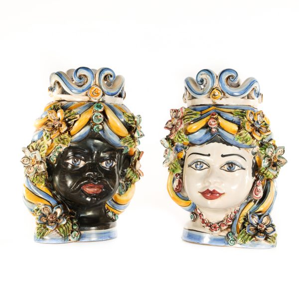 Coppia Testa di Moro con Fiori in Ceramica di Caltagirone
